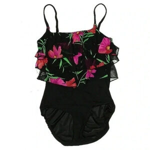 Longitude | Beach Black Pink Floral Ruffle Chest One Piece Swimsuit Size 10